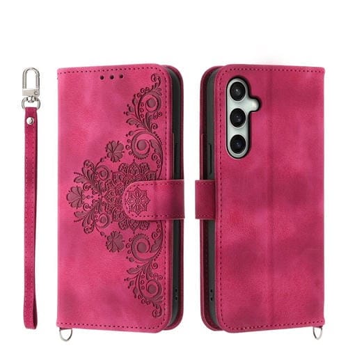Funda de piel tipo billetera con diseño de flores en relieve para Samsung Galaxy S25 FE 5G (rojo vino)