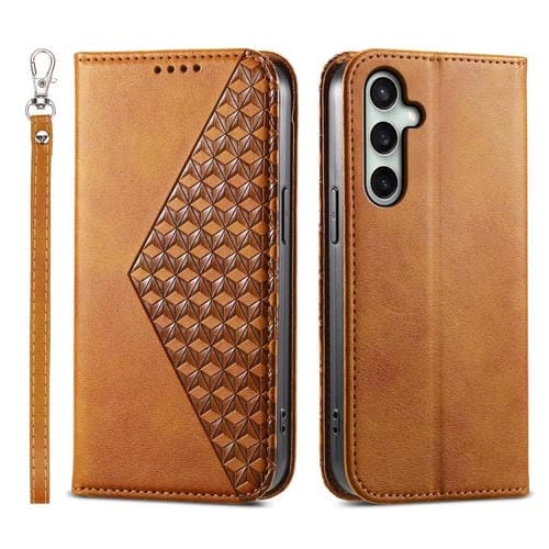 Funda de cuero magnético con textura de becerro y rejilla cúbica para Samsung Galaxy S25 FE 5G (amarilla)