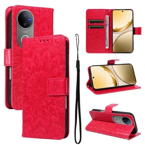 Funda de Cuero con Tapa y Estampado de Girasoles En Relieve para Vivo V50 5G (Rojo)