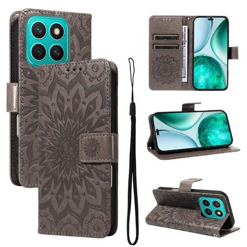 Funda de Cuero con Tapa y Estampado de Girasoles en Relieve para Honor X8C 4G (Gris)