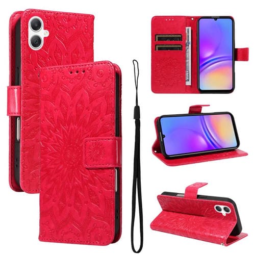 Funda de cuero con tapa y estampado de girasoles en relieve para Samsung Galaxy A07 5G (roja)