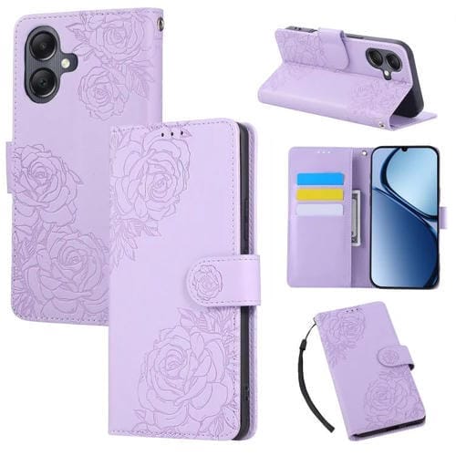 Funda de cuero con relieve de rosa para Samsung Galaxy A07 4G/5G, con 3 ranuras para tarjetas (morado)