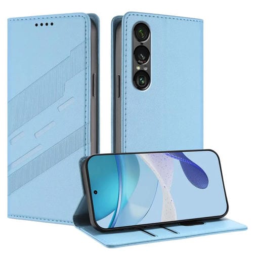 Funda de cuero retro con relieve para Sony Xperia 1 VII (azul claro)