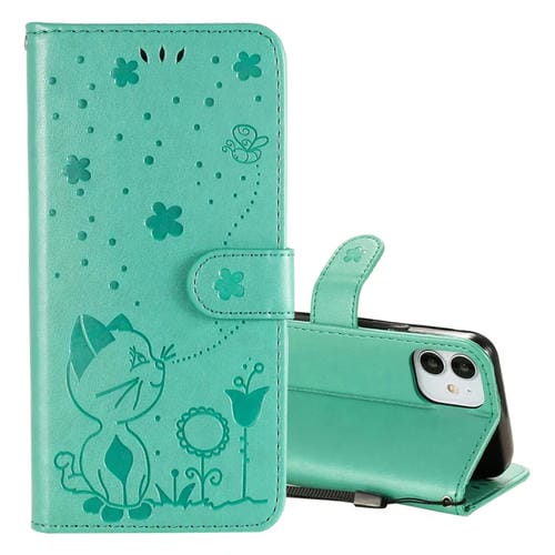 Funda de Cuero para iPhone 12 Mini Cat Bee con Tapa Horizontal, Soporte, Ranuras para Tarjetas y Billetera (Verde)