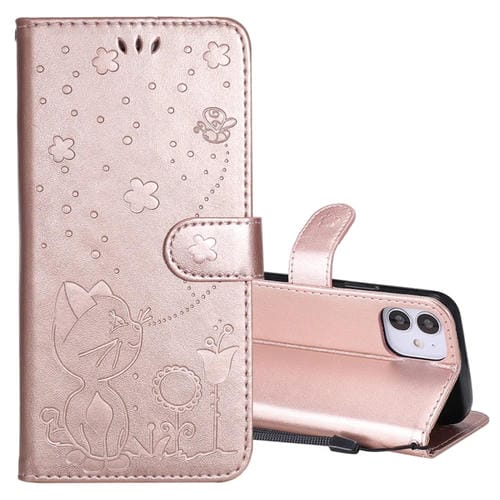 Funda de Cuero iPhone 12 Mini Cat Bee Patrón En Relieve Tapa Horizontal Soporte Ranuras Billetera (Oro Rosa)