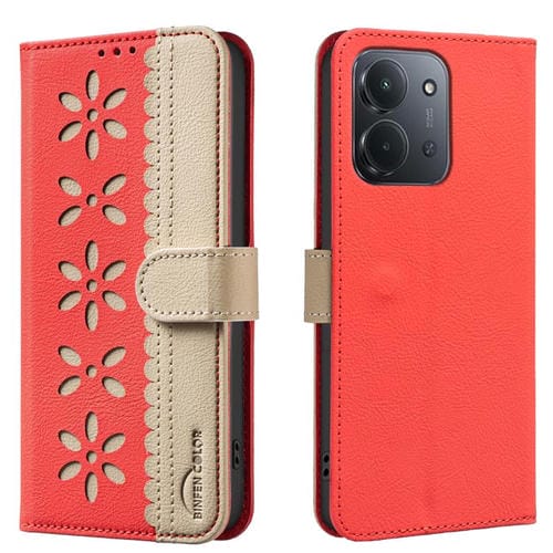 Funda de cuero RFID con estampado floral hueco para Redmi 15C 4G (173,1 mm) / Redmi 15C 5G (173,1 mm) (rojo)
