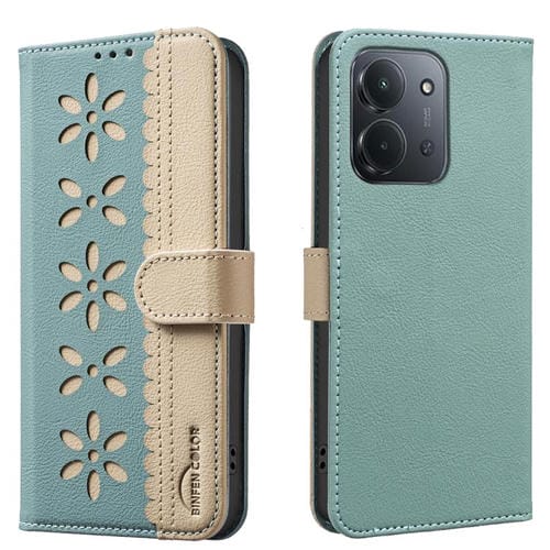 For Redmi 15C 4G 173.1mm / 15C 5G 173.1mm Splicing Color Hollow Flower Pattern RFID Leather Phone Case(Green)