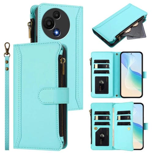 Funda de cuero con cierre magnético para TCL 605/60 SE, 9 ranuras para tarjetas, cremallera y correa de mano (verde menta)