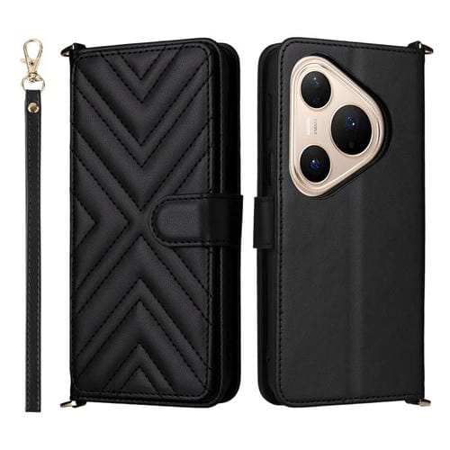 Funda de cuero multifuncional con 6 ranuras para tarjetas y correa para la muñeca para Huawei Pura 80 Pro 5G / 80 Pro+ 5G (negro)