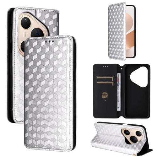 Funda de cuero con tapa y textura de cuadrícula cúbica para Huawei Pura 80 Pro 5G / 80 Pro+ 5G (plateada)