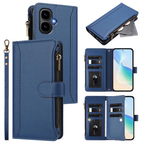 Funda de cuero con cierre magnético para Infinix Smart 10 4G / Tecno Pop 10, 9 ranuras para tarjetas, cremallera y correa de mano (azul oscuro)