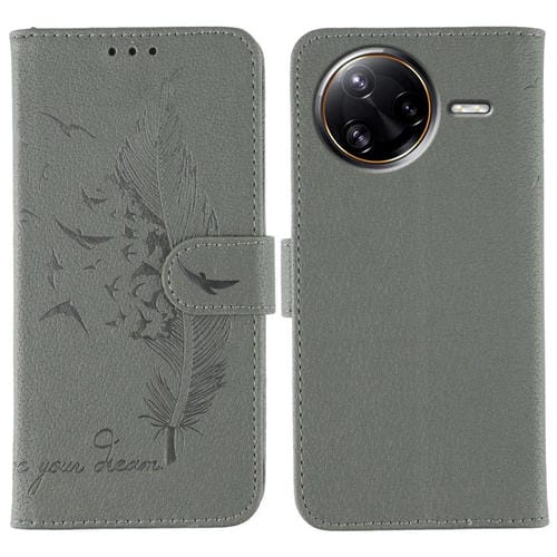 Funda de cuero con textura de lichi y estampado de plumas para Xiaomi Poco F7 Ultra / Redmi K80 Pro (gris)