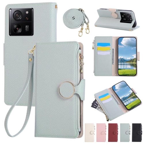 Funda de cuero con hebilla redonda y cremallera para Xiaomi 13T/13T Pro, con correa cruzada (azul cielo)