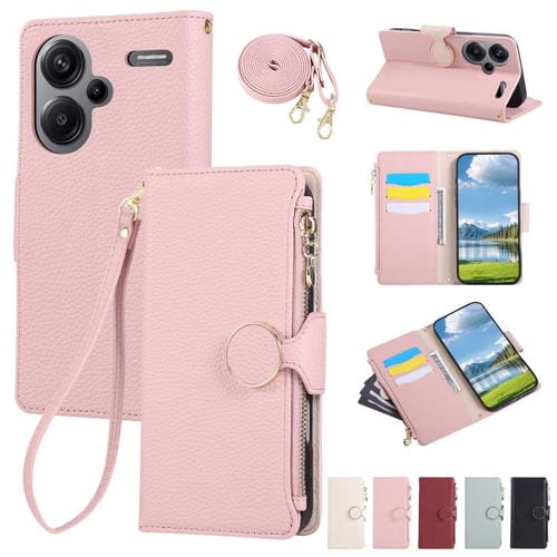 Funda de cuero tipo billetera con hebilla redonda y cremallera para Redmi Note 13 Pro+ con correa cruzada (rosa)