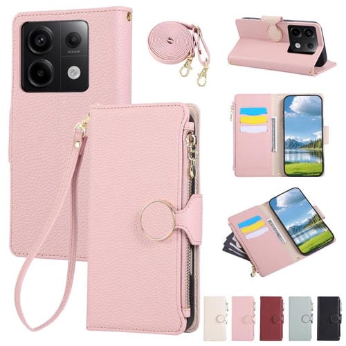 Funda de cuero con hebilla redonda y cremallera para Redmi Note 13 Pro 5G, con correa cruzada (rosa)