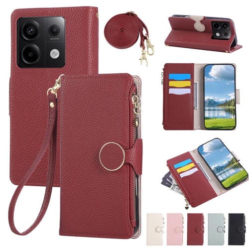 Funda de cuero con hebilla redonda y cremallera para Redmi Note 13 Pro 5G, con correa cruzada (roja)