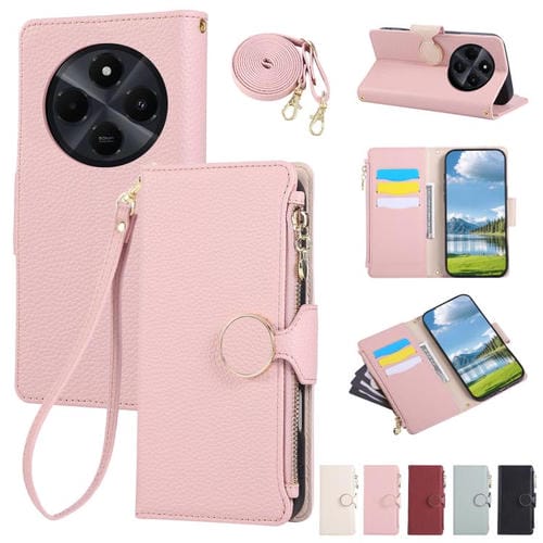 Funda de cuero con hebilla redonda y cremallera para Redmi 14C 5G, con correa cruzada (rosa)