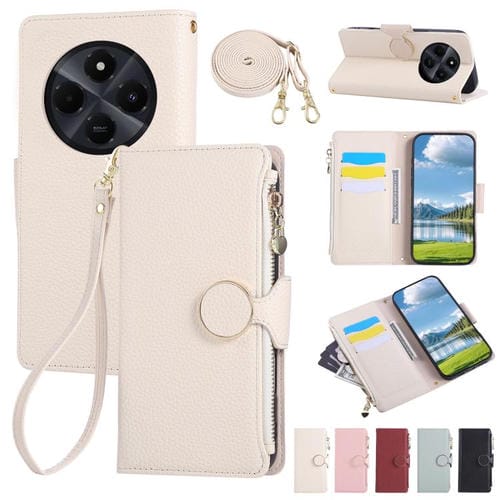 Funda de cuero con hebilla redonda y cremallera para Redmi 14C 5G, con correa cruzada (blanca)