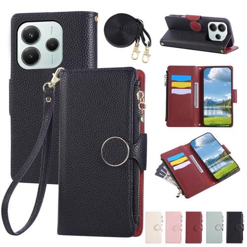 Funda de cuero con hebilla redonda y cremallera para Redmi Note 14 5G, con correa cruzada (negro)