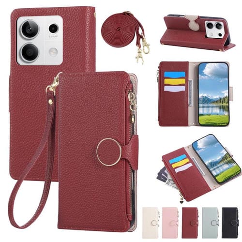 Funda de cuero con hebilla redonda y cremallera para Redmi Note 13 4G, con correa cruzada (roja)