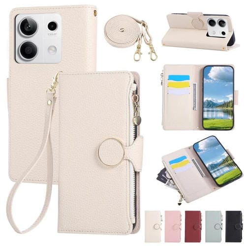 Funda de cuero con hebilla redonda y cremallera para Redmi Note 13 4G, con correa cruzada (blanca)