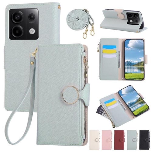 Funda de cuero con hebilla redonda y cremallera para Redmi Note 13 Pro 4G, con correa cruzada (azul cielo)