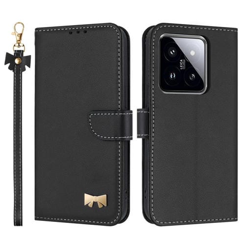 Funda de cuero con lazo metálico y correa para la mano para Xiaomi 14 (negra)