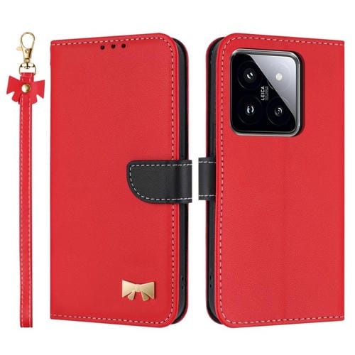 Funda de cuero con lazo metálico y correa para la mano para Xiaomi 14 Pro (roja)
