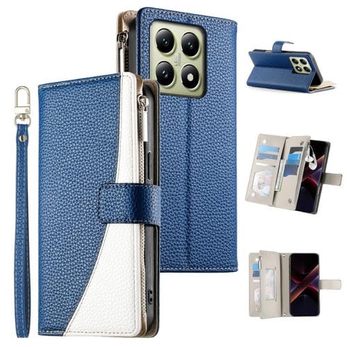 Funda de cuero con cremallera para Xiaomi 14T, con múltiples tarjetas y costuras, con correa corta (azul oscuro)