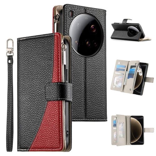 Funda de cuero con cremallera para Xiaomi 15 Ultra, con múltiples tarjetas y costuras, con correa corta (negra)