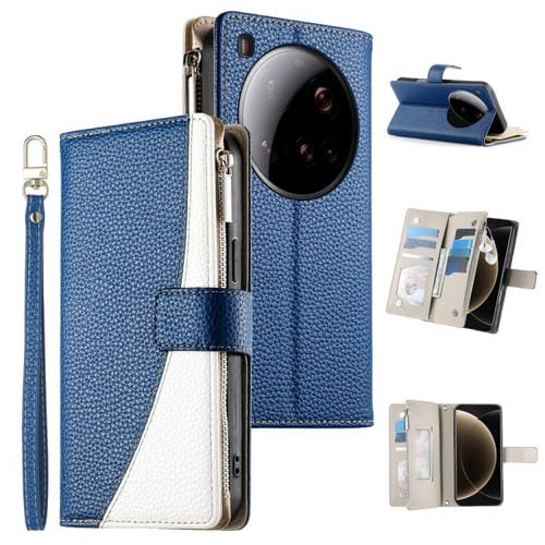 Funda de cuero con cremallera para Xiaomi 15 Ultra, con múltiples tarjetas y costuras, con correa corta (azul oscuro)