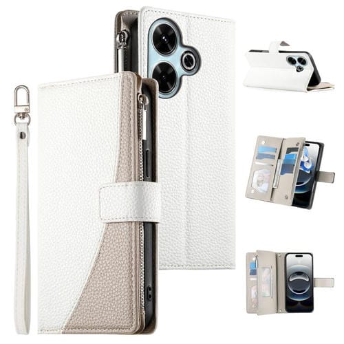 Funda de cuero con cremallera para Redmi 13 4G / 5G / Xiaomi Poco M6 4G, con costuras, para múltiples tarjetas y correa corta (blanca)