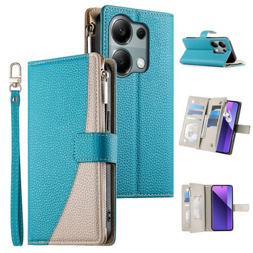 Funda de cuero con cremallera para Redmi Note 13 Pro 4G / Poco M6 Pro, con costuras, para múltiples tarjetas y correa corta (azul)