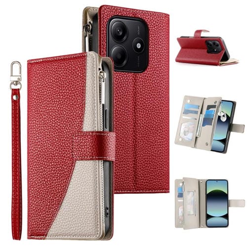 Funda de cuero con cremallera para Redmi Note 14 5G, con costuras globales, múltiples tarjetas y correa corta (roja)