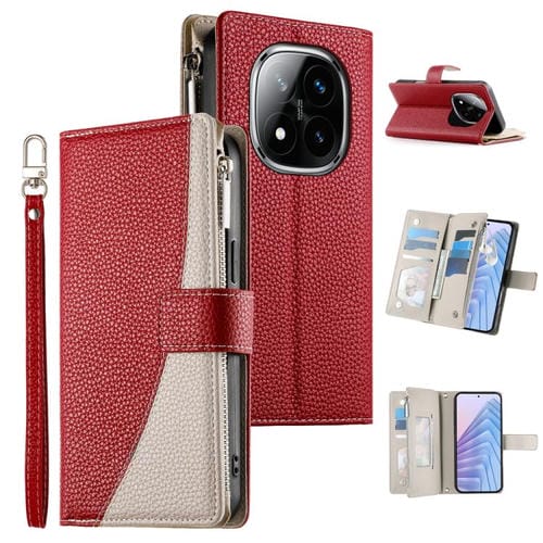 Funda de cuero con cremallera para Redmi Note 14 Pro 4G, con costuras, para múltiples tarjetas y correa corta (roja)