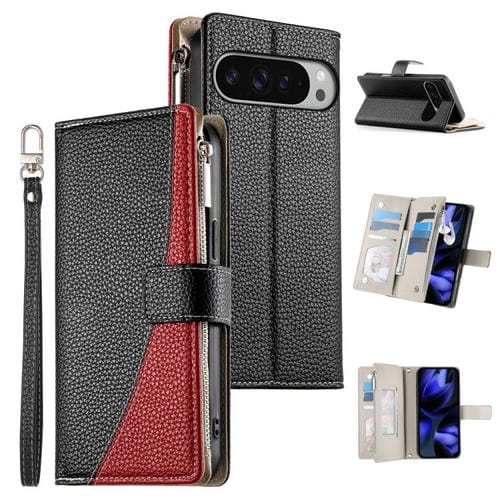 Funda de cuero con cremallera para Google Pixel 9 Pro XL/Pixel 10 Pro XL, con costuras, para múltiples tarjetas y correa corta (negra)