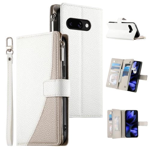 Funda de cuero con cremallera para Google Pixel 9a, con múltiples tarjetas y costuras, con correa corta (blanca)