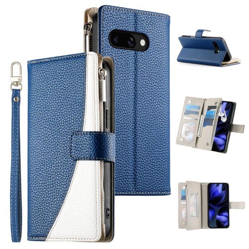 Funda de cuero con cremallera para Google Pixel 9a, con múltiples tarjetas y costuras, con correa corta (azul oscuro)