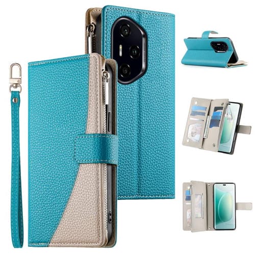 Funda de cuero tipo billetera con cremallera y múltiples tarjetas, con costuras y correa corta para Honor 300 Pro/Honor 300 Ultra (azul)