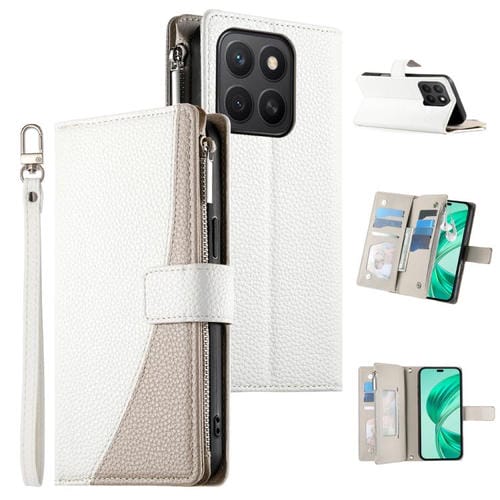 Funda de cuero tipo billetera con cremallera y múltiples tarjetas para Honor X8c 4G, con costuras y correa corta (blanca)
