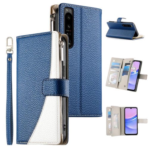 Funda de cuero con cremallera para Sony Xperia 1 IV, con costuras, para múltiples tarjetas y correa corta (azul oscuro)