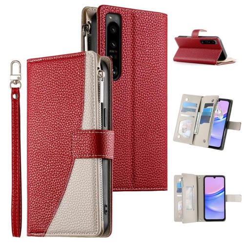 Funda de cuero con cremallera para Sony Xperia 1 IV, con costuras, múltiples tarjetas y correa corta (roja)