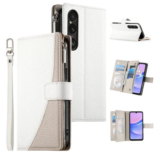 Funda de cuero tipo billetera con cremallera y múltiples tarjetas para Sony Xperia 1 VI, con costuras y correa corta (blanca)
