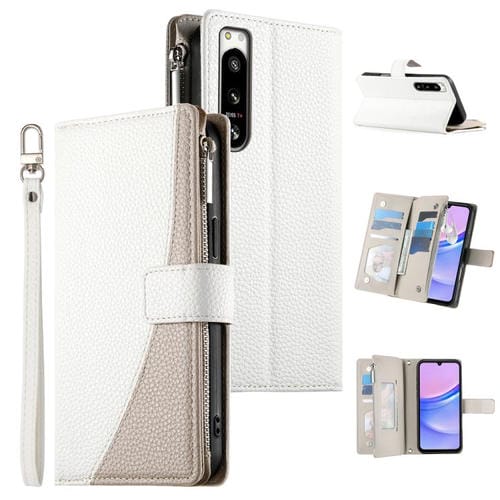 Funda de cuero tipo billetera con cremallera y múltiples tarjetas para Sony Xperia 5 IV, con costuras y correa corta (blanca)