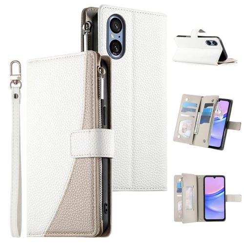 Funda de cuero tipo billetera con cremallera y múltiples tarjetas para Sony Xperia 5 V, con costuras y correa corta (blanca)