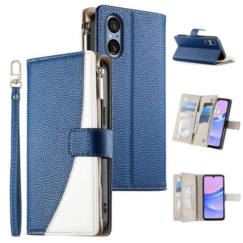 Funda de cuero tipo billetera con cremallera y múltiples tarjetas para Sony Xperia 5 V, con costuras y correa corta (azul oscuro)