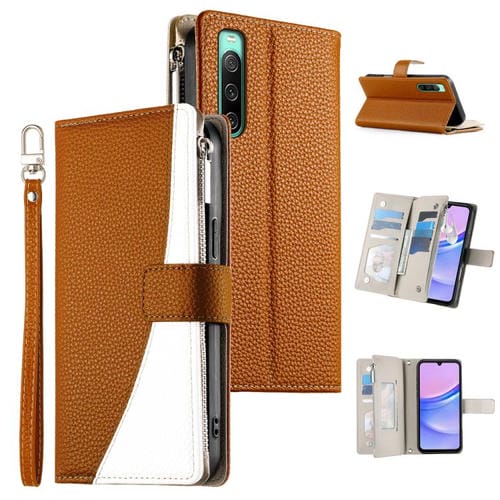 Funda de cuero con cremallera para Sony Xperia 10 IV, con costuras, para múltiples tarjetas y correa corta (marrón)