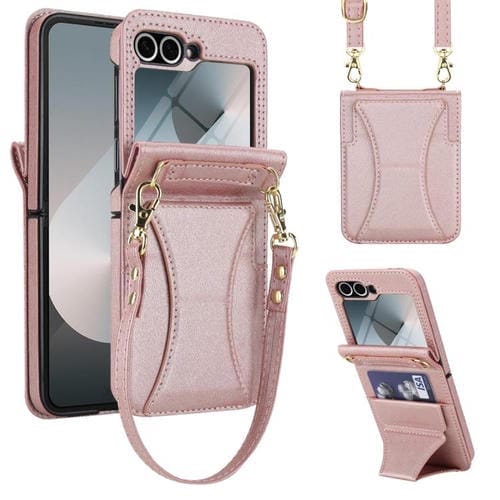 Funda para Samsung Galaxy Z Flip6 con ranura para tarjetas y soporte plegable integrado, con cordón largo y corto (oro rosa)