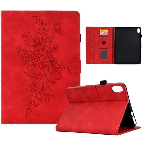 Funda de cuero con relieve de mariposa peonía para Xiaomi Redmi Pad 2 (roja)