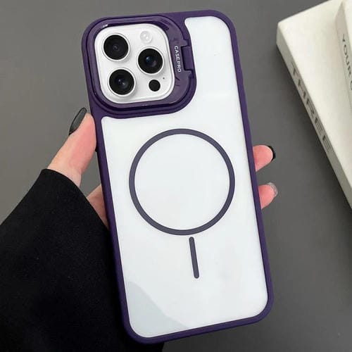 Funda magnética MagSafe para iPhone 16 Pro Max con soporte para lente de PC (morado)